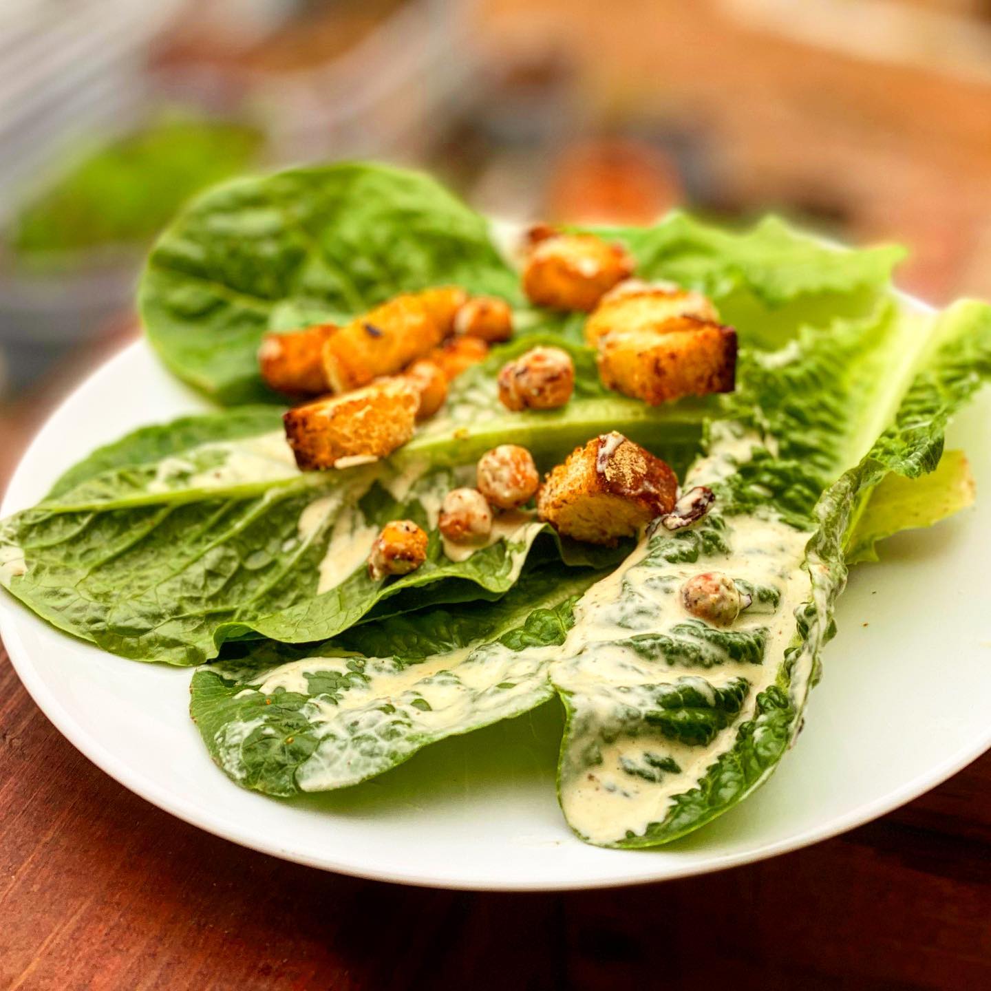 Caesar Salad with Capers and Crispy Chickpea Croutons