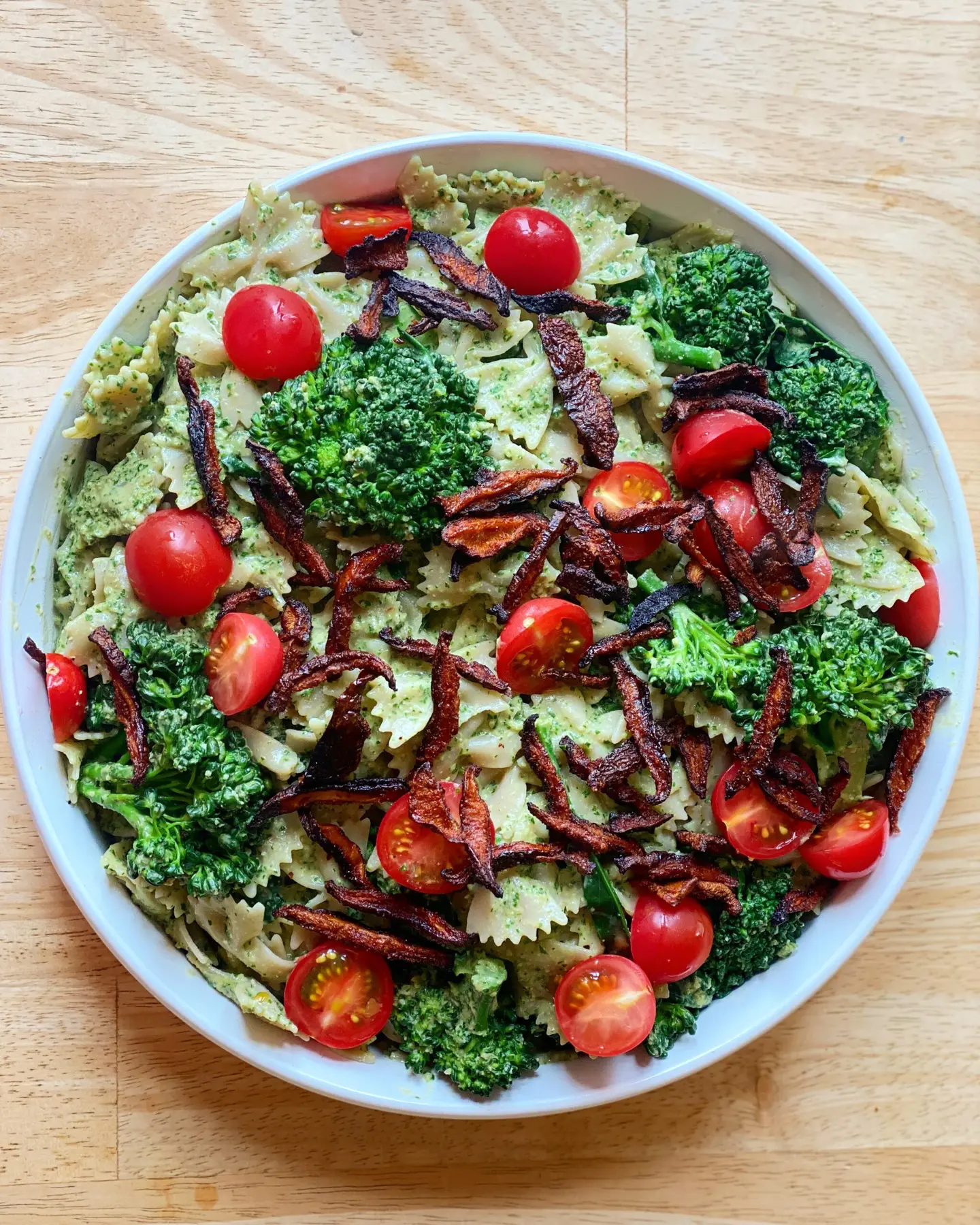 Featured image for “Pasta and Broccoli with Kale Pesto, Cherry Tomatoes, and Shiitake “Bacon””